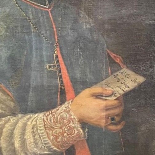 Fig. 15: Ritratto di Monsignor Filippo Mornati, particolare del pendente, sec. XVIII, olio su tela, depositi Musei Civici Palazzo Buonaccorsi. - Musei Macerata